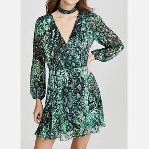 NWT Alice + Olivia Rita Printed Green Blouson Silk Choker Mini Dress Size 2